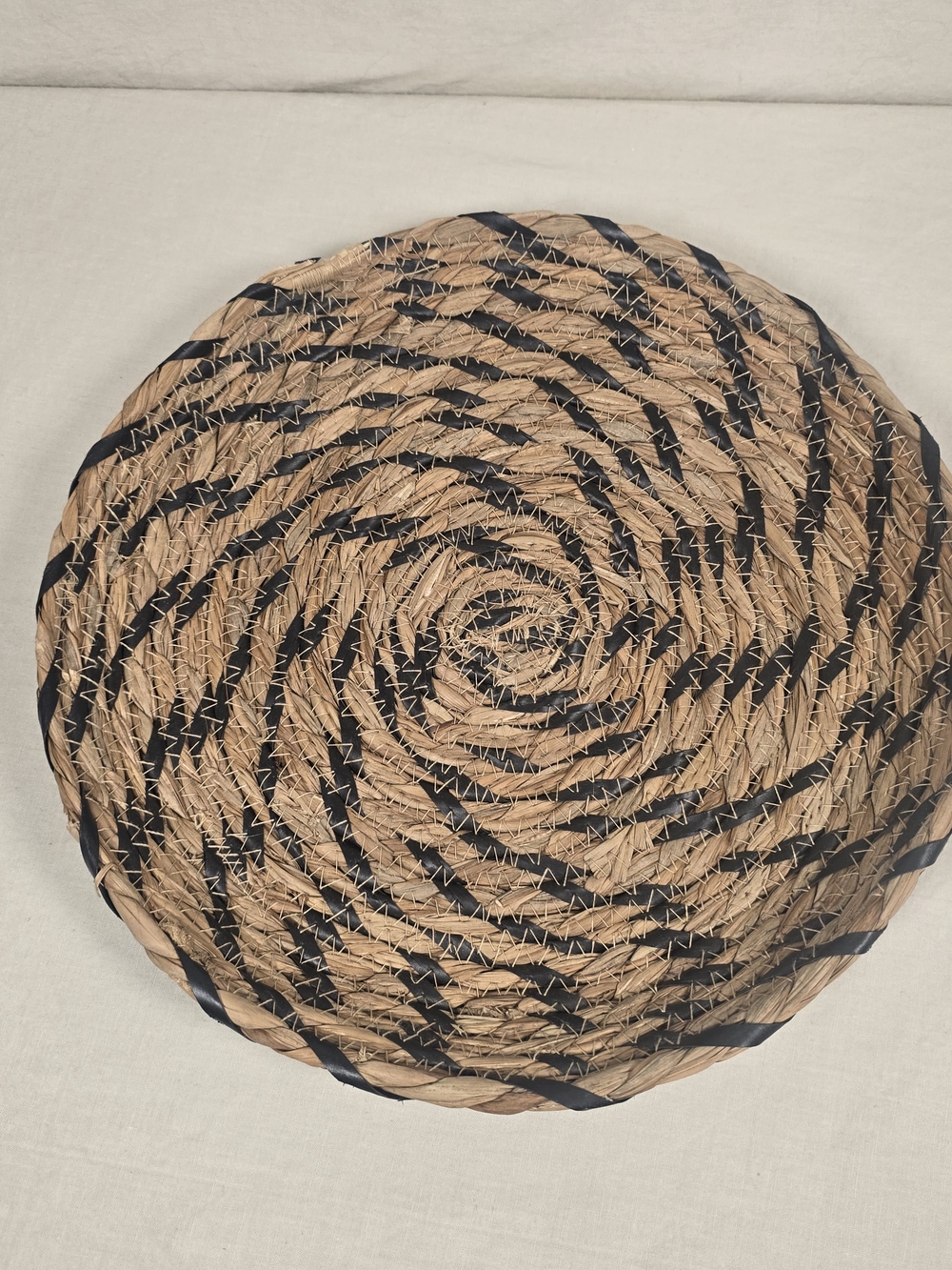 Set of 2 Shallow Woven Seagrass Baskets 12" Round Black Natural Boho Decor